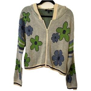 Witty Fox Hooded Zip Up Flower Print Off White Green And Blue Sweater Size S